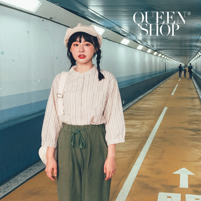 Ｑｕｅｅｎ Ｓｈｏｐ【01023485】秋天配色條紋排扣造型棉麻襯衫＊現+預＊