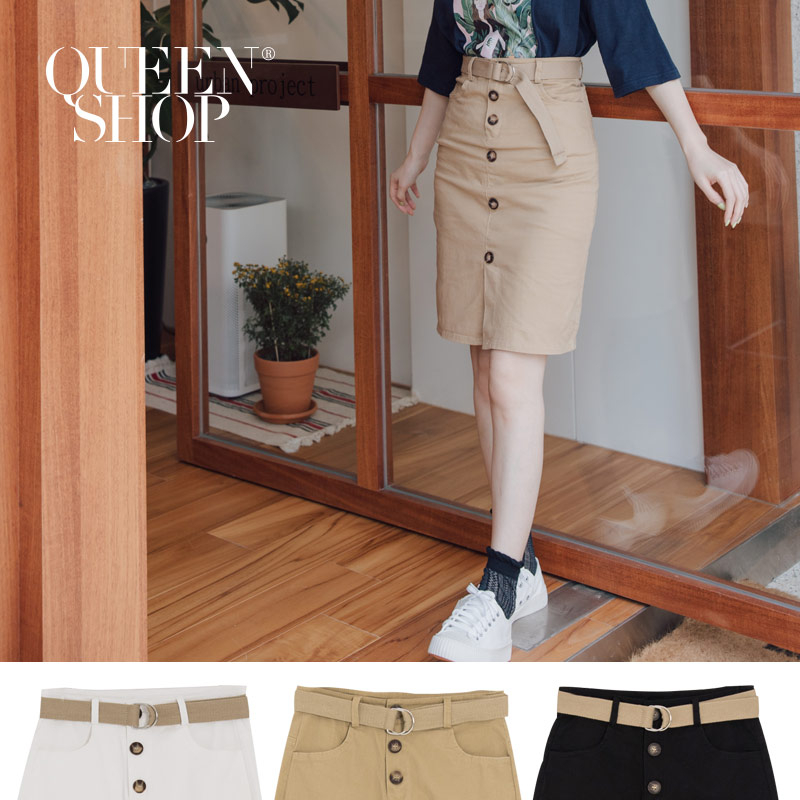 Ｑｕｅｅｎ Ｓｈｏｐ【03030238】釦環腰帶排扣造型中裙 三色售 S/M/L＊現+預＊