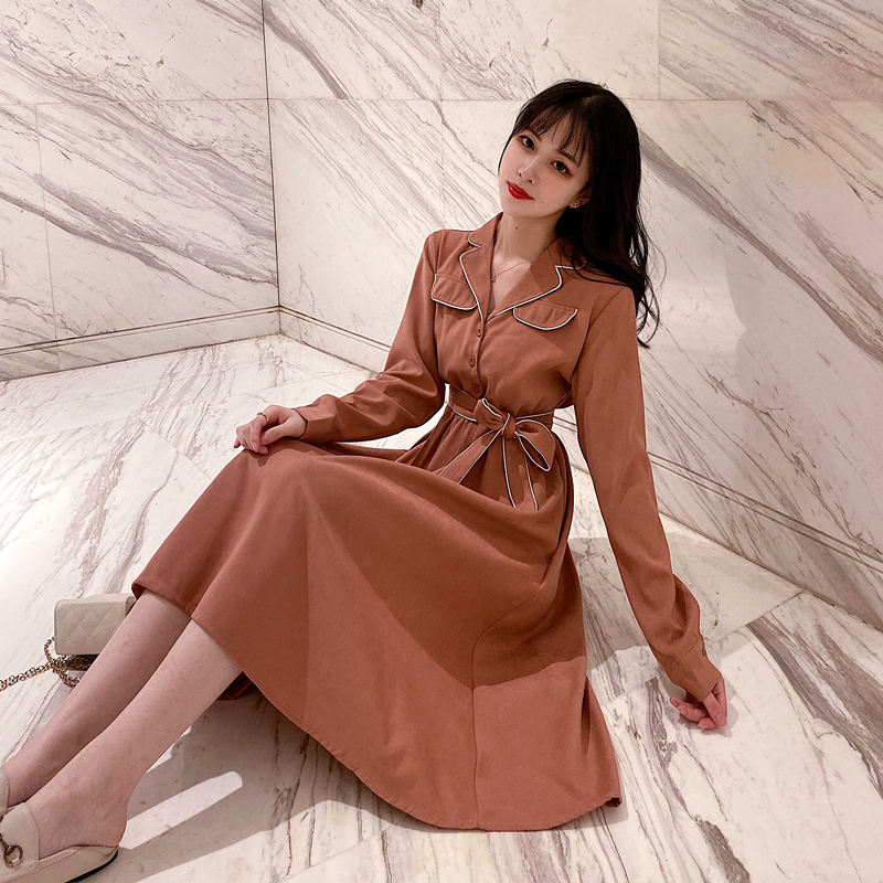VK旗艦店 韓國風氣質顯瘦系帶磨毛長袖洋裝