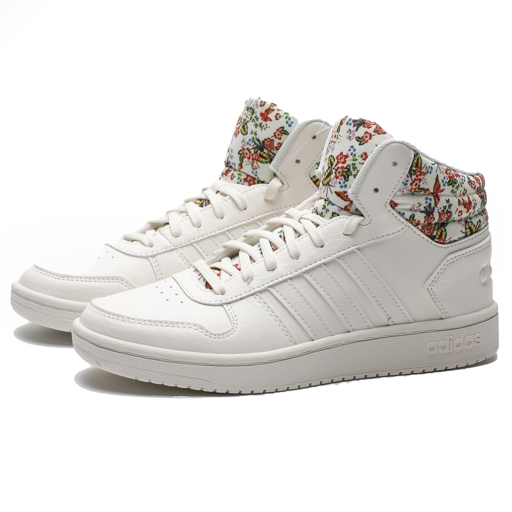 ADIDAS HOOPS 2.0 MID 全白 碎花 拼接 休閒鞋 女 (布魯克林) EF0120