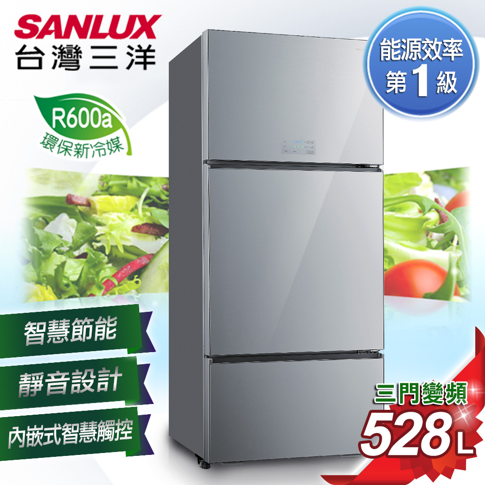 台灣三洋 SANLUX 一級能效 528L無邊框采晶玻璃三門直流變頻冰箱-星光銀 SR-C528CVG