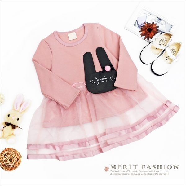 粉紅小兔拼接紗裙上衣 刷毛 小洋裝 裙襬 甜美 歐根紗 兔子 女童上衣 粉色 公主洋裝 哎北比童裝
