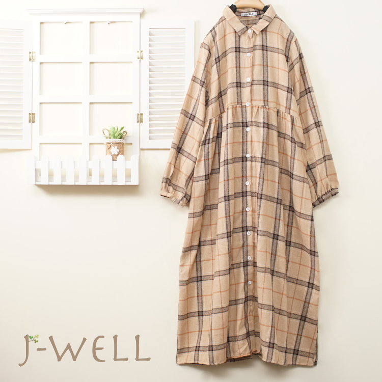 J-WELL 棉絨格紋口袋長版洋裝(2色) 9J1017
