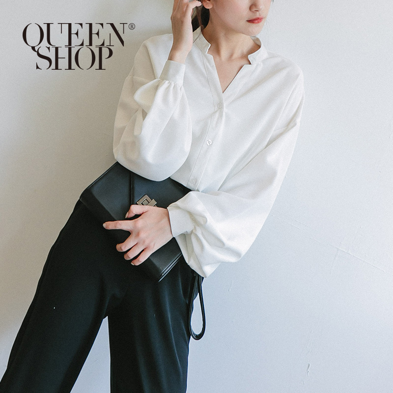 Ｑｕｅｅｎ Ｓｈｏｐ【01096362】簡約素色V領泡泡袖雪紡上衣＊現+預＊