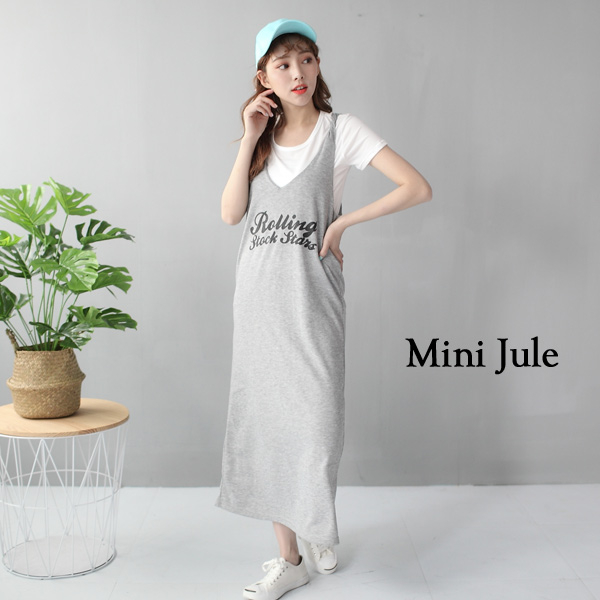 ★現貨★背心裙 後交叉V領草寫字母長版吊帶裙(灰) 小豬兒 Mini Jule 【YVB81002741】現貨