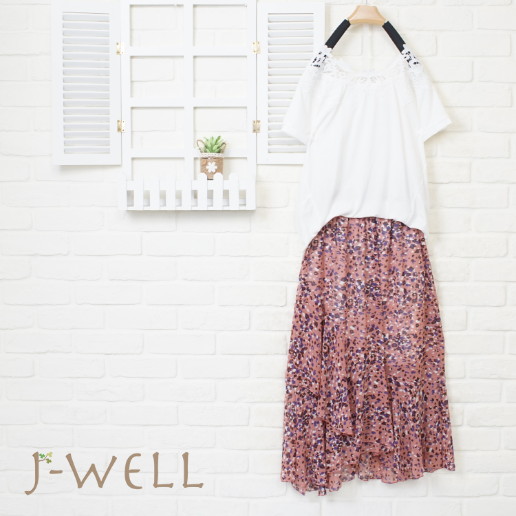 J-WELL 甜美蕾絲圓領上衣長裙二件組 (組合948 8W6571白F 8J1449粉F)
