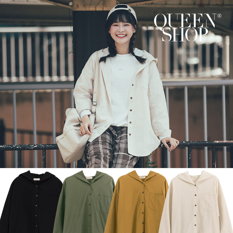 Ｑｕｅｅｎ Ｓｈｏｐ【01023572】休閒連帽口袋造型長袖襯衫外套 四色售＊現+預＊