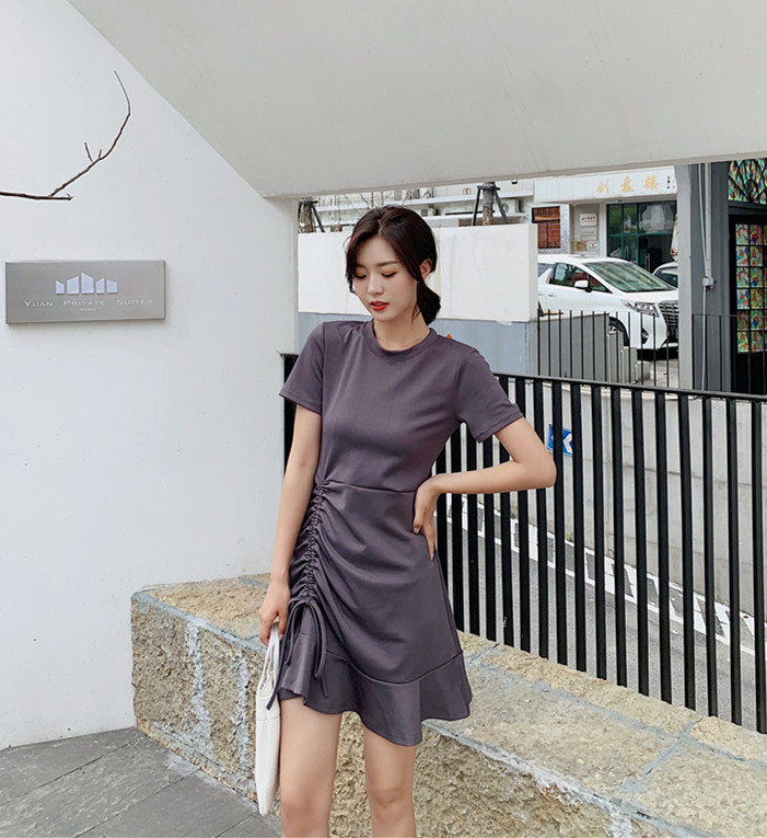 VK旗艦店 韓國風復古修身收腰抽繩荷葉邊短袖洋裝
