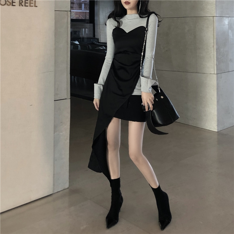 VK旗艦店 韓系修身假兩件不規則氣質長袖洋裝