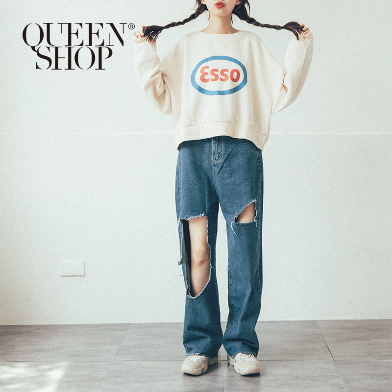 Ｑｕｅｅｎ Ｓｈｏｐ【04011353】休閒百搭破洞造型高腰牛仔褲 S/M/L/XL＊現+預＊