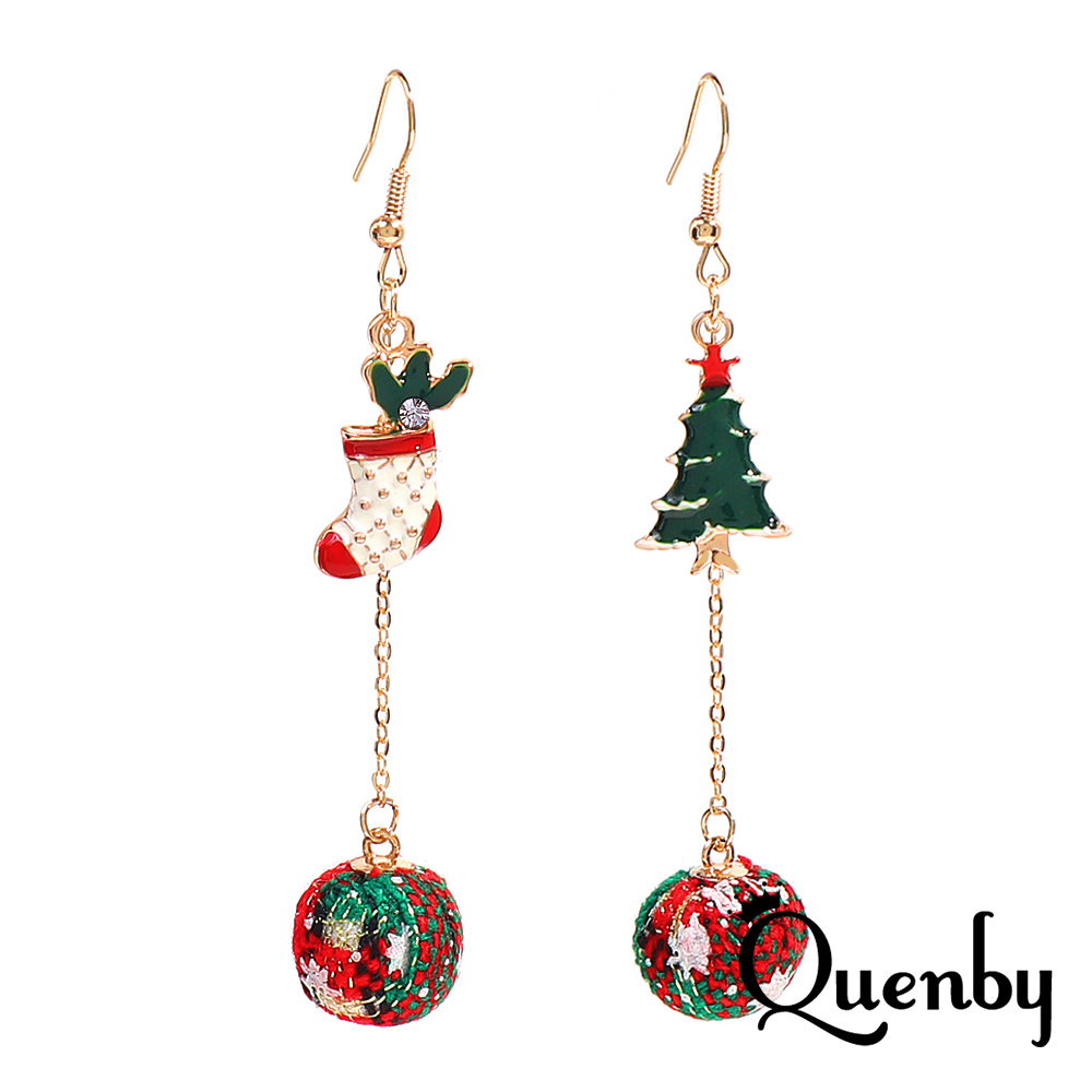 Quenby 秋冬聖誕色系聖誕樹聖誕襪長耳環/耳針