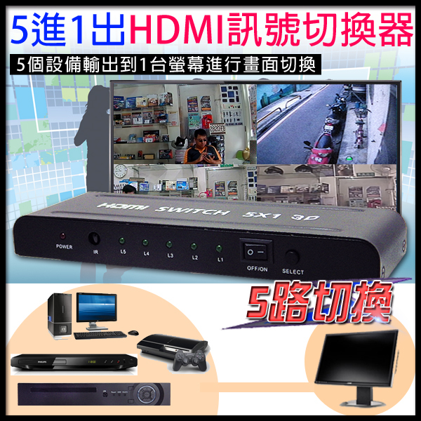 監視器周邊 KINGNET 五進一出影音訊號分配器 HDMI 切換器 5進1出 五進一出 HDMI切換器