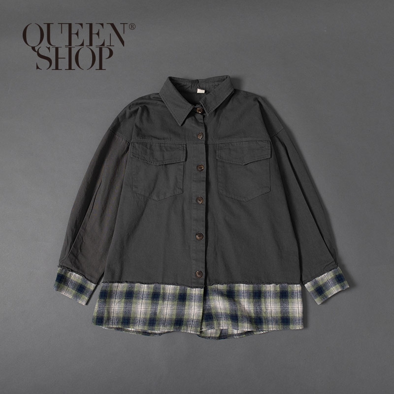 Ｑｕｅｅｎ Ｓｈｏｐ【01023593】剪接格紋假兩件襯衫 1/2/3/4＊現+預＊