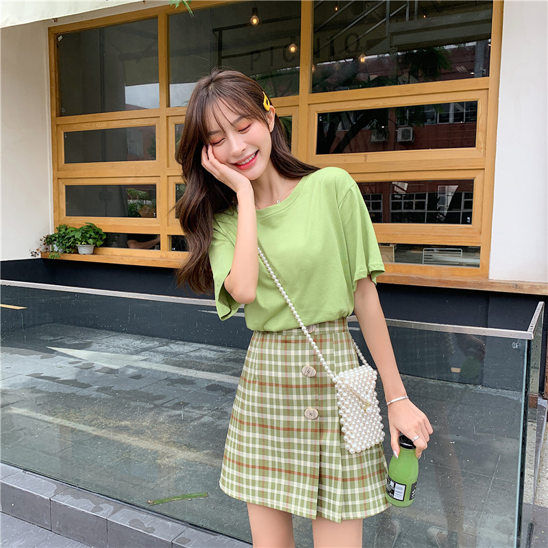 VK旗艦店 韓國復古風牛油果綠格紋排釦裙套裝短袖裙裝