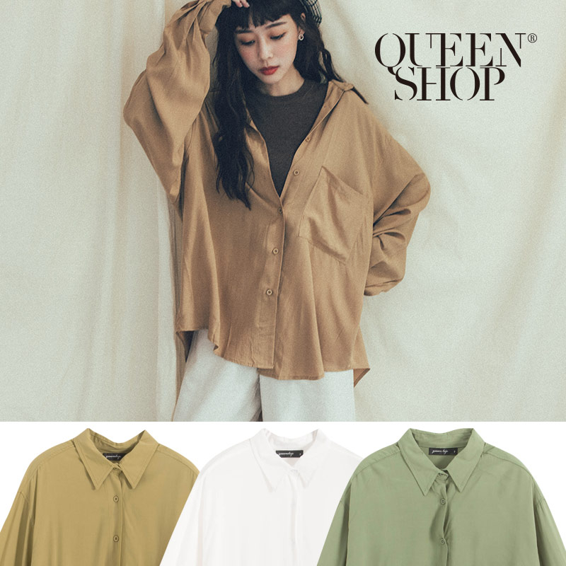 Ｑｕｅｅｎ Ｓｈｏｐ【01023548】下擺不對稱單口袋長版襯衫 三色售＊現+預＊