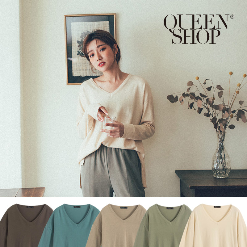 Ｑｕｅｅｎ Ｓｈｏｐ【01012344】V領素面針織上衣 五色售＊現+預＊