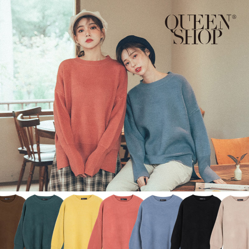 Ｑｕｅｅｎ Ｓｈｏｐ【01070932】圓領落肩寬版厚實純色毛衣 七色售＊現+預＊