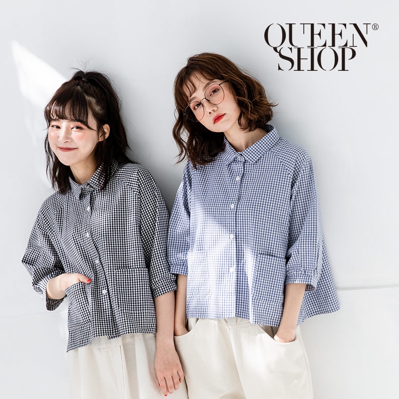 Ｑｕｅｅｎ Ｓｈｏｐ【01023332】滿版小格子雙口袋棉麻襯衫 兩色售＊現+預＊