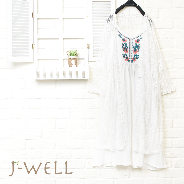 J-WELL 幾何圓點蕾絲外罩渡假洋裝二件組(組合914 8J1495白 8J1453白)