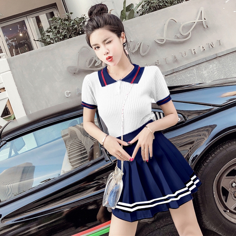VK旗艦店 韓系短袖針織上衣百褶半身裙套裝短袖裙裝
