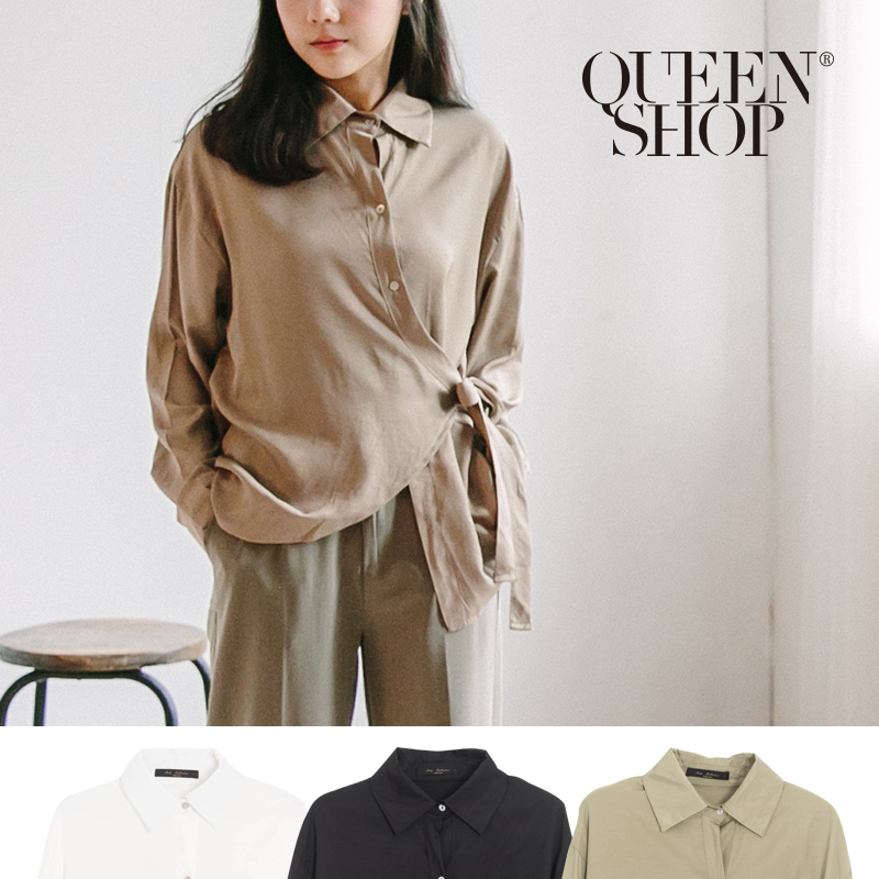 Ｑｕｅｅｎ Ｓｈｏｐ【01023558】前短後長綁帶造型雪紡襯衫 三色售＊現+預＊