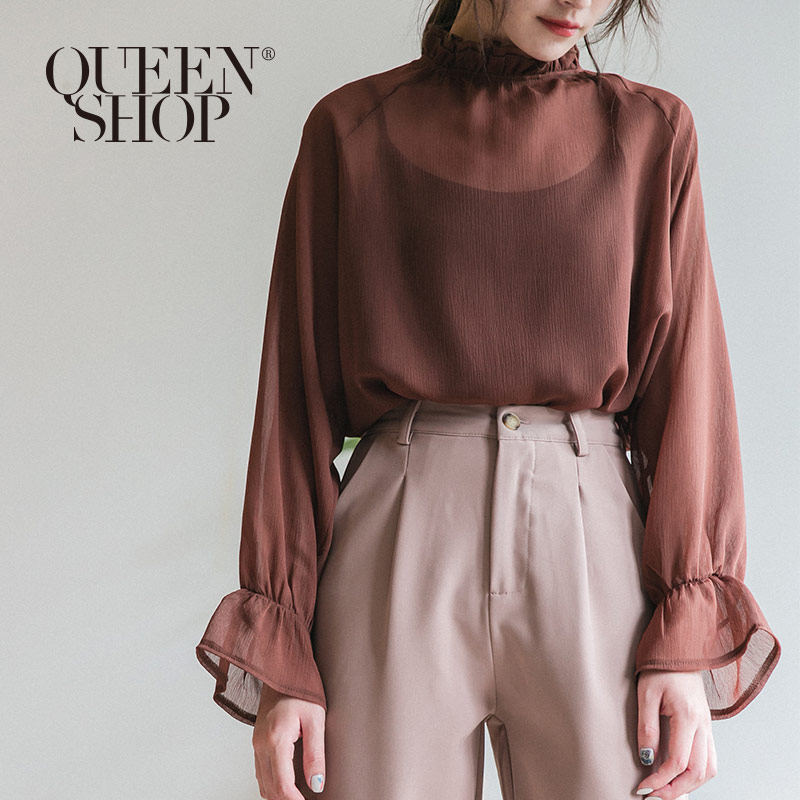 Ｑｕｅｅｎ Ｓｈｏｐ【01096358】荷葉小高領雪紡上衣 兩色售＊現+預＊