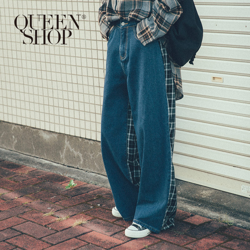 Ｑｕｅｅｎ Ｓｈｏｐ【04011355】牛仔拼接格紋造型牛仔長褲 S/M/L＊現+預＊