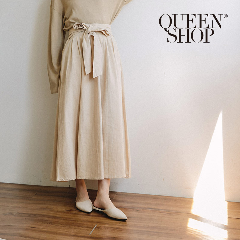 Ｑｕｅｅｎ Ｓｈｏｐ【03020578】純色腰剪接綁帶中長裙 S/M/L＊現+預＊