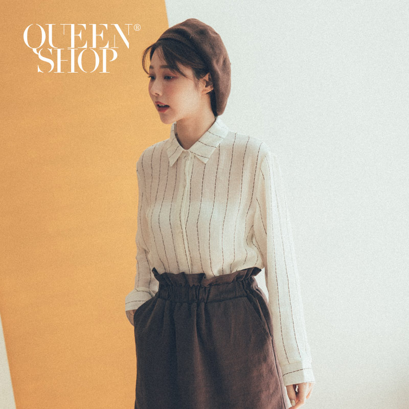 Ｑｕｅｅｎ Ｓｈｏｐ【01023590】咖啡直條紋排釦襯衫＊現+預＊