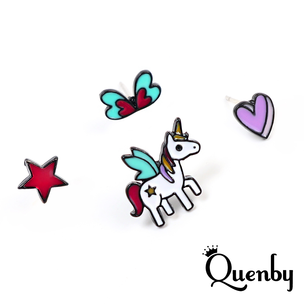 Quenby 925純銀 少女心小巧獨角獸系列耳環/耳針-4件組