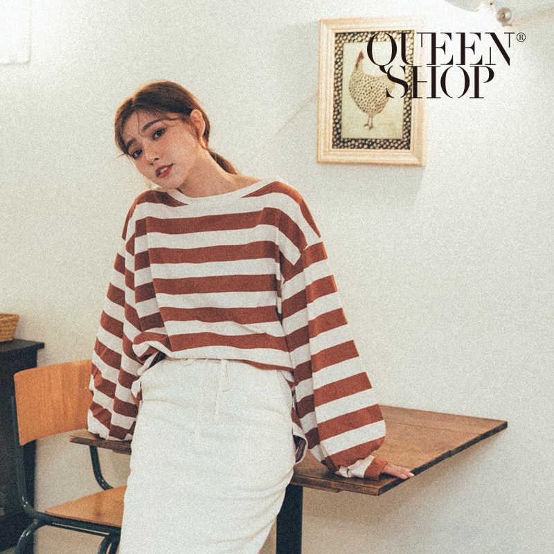 Ｑｕｅｅｎ Ｓｈｏｐ【01038168】配色粗條紋長袖棉T 兩色售＊現+預＊