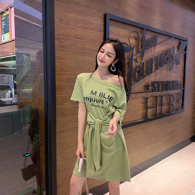 VK旗艦店 韓系時尚字母斜肩綁帶短袖顯瘦T恤短袖洋裝