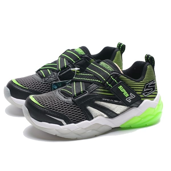 SKECHERS S LIGHT 螢光綠 黑 發光 魔鬼氈 運動鞋 中童 (布魯克林) 90726LBKLM