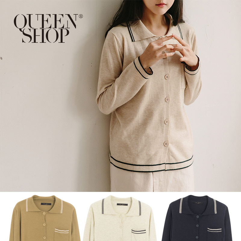 Ｑｕｅｅｎ Ｓｈｏｐ【01012356】襯衫領車邊針織上衣 三色售＊現+預＊