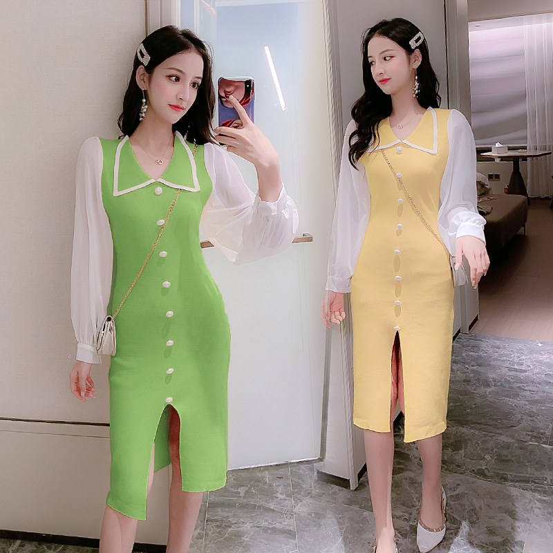 VK旗艦店 韓國風針織拼接簡約氣質娃娃領長袖洋裝