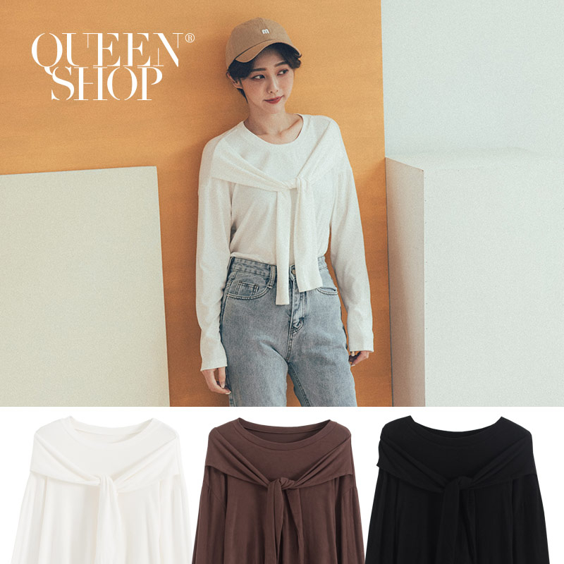 Ｑｕｅｅｎ Ｓｈｏｐ【01096429】假披肩綁帶素面上衣 三色售＊現+預＊