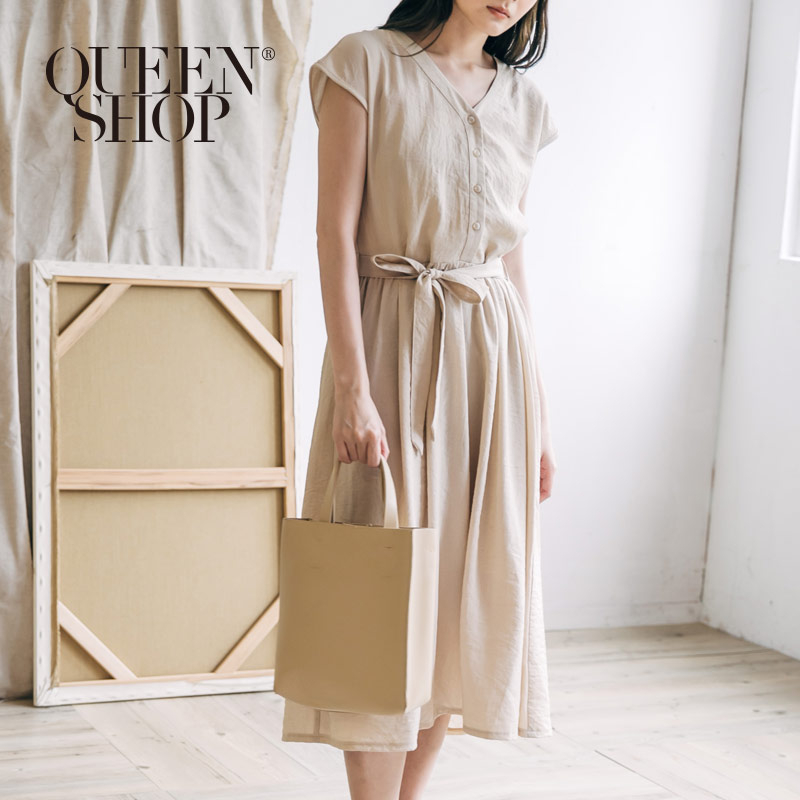 Ｑｕｅｅｎ Ｓｈｏｐ【01084497】細直條附綁帶純棉洋裝＊現+預＊