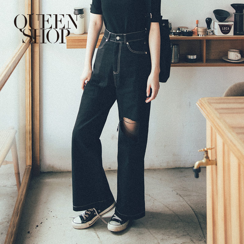 Ｑｕｅｅｎ Ｓｈｏｐ【04110235 】素色破洞造型休閒寬褲 兩色售 S/M/L/XL＊現+預＊