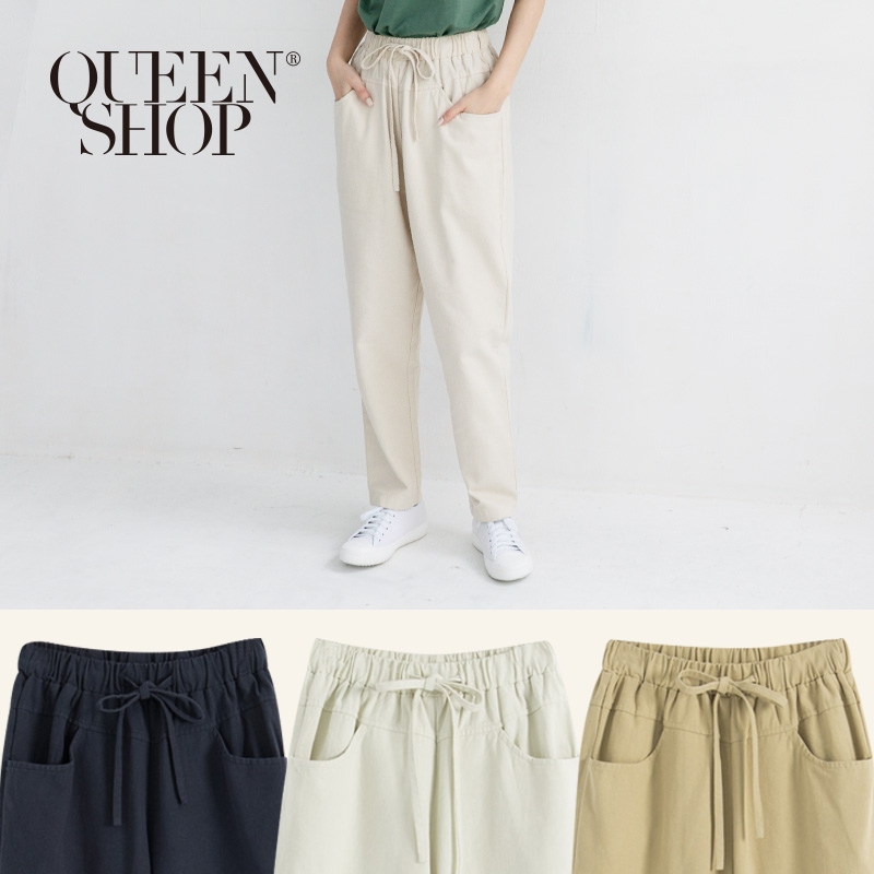 Ｑｕｅｅｎ Ｓｈｏｐ【04101318】基本素面鬆緊腰抽繩長褲 三色售＊現+預＊