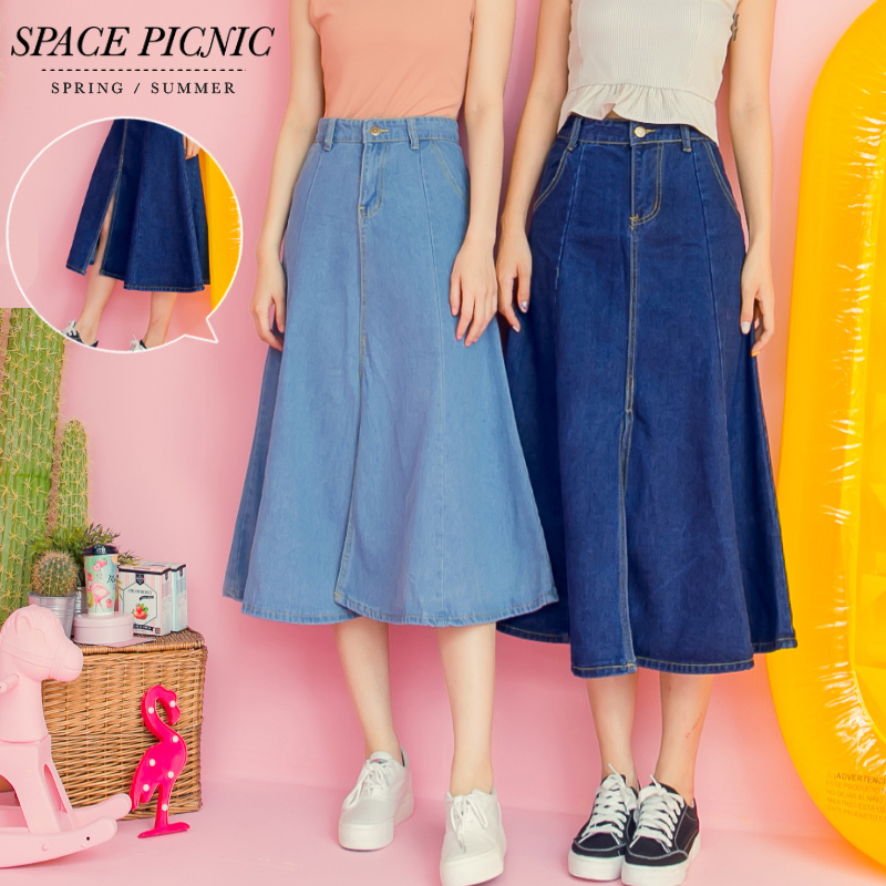 單寧 長裙 Space Picnic｜經典雙口袋開岔單寧長裙(現+預)【C18063070】