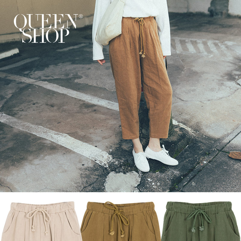 Ｑｕｅｅｎ Ｓｈｏｐ【04101365】抽繩綁帶設計棉麻老爺褲 三色售 S/M＊現+預＊