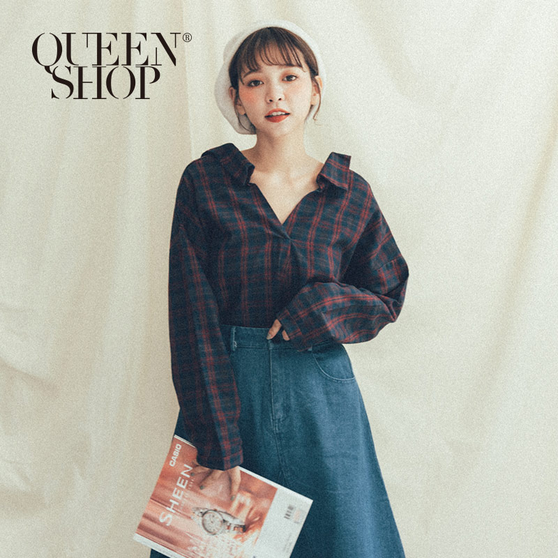 Ｑｕｅｅｎ Ｓｈｏｐ【01096398】紅藍格紋V領休閒上衣＊現+預＊