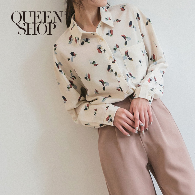 Ｑｕｅｅｎ Ｓｈｏｐ【01023510】口袋造型彩色印花雪紡襯衫＊現+預＊