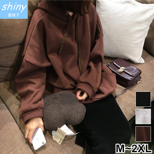 【V9527】shiny藍格子-原宿風‧純色寬鬆連帽長袖刷毛上衣