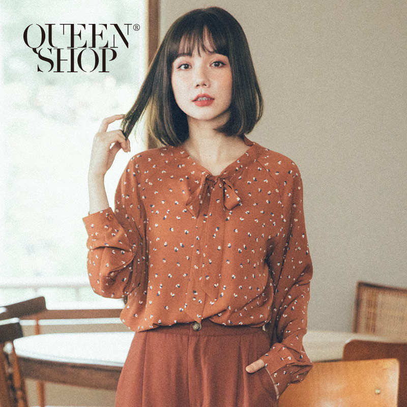 Ｑｕｅｅｎ Ｓｈｏｐ【01023599】滿版印花扭結造型長袖雪紡襯衫＊現+預＊