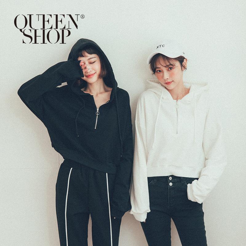 Ｑｕｅｅｎ Ｓｈｏｐ【01096319】連帽短版設計休閒上衣 兩色售＊現+預＊