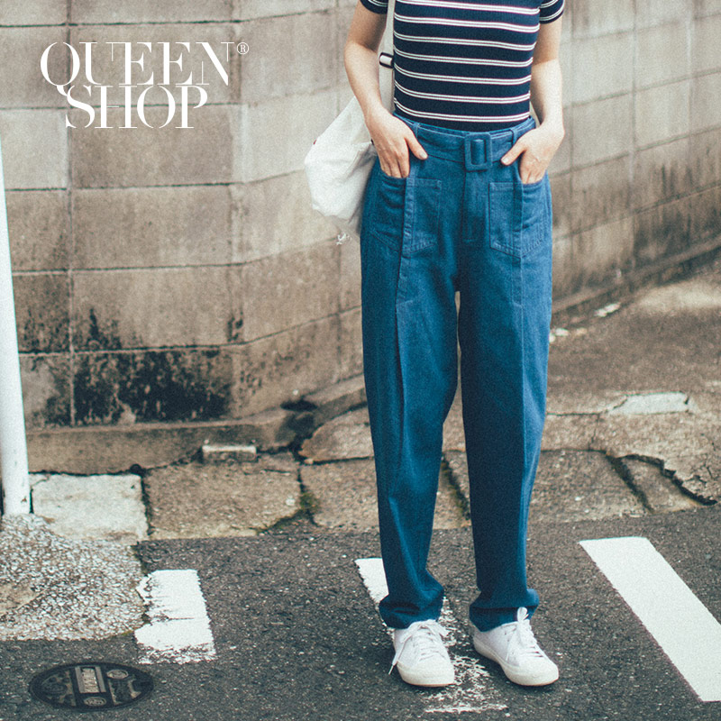 Ｑｕｅｅｎ Ｓｈｏｐ【04011349】附腰帶口袋打折設計牛仔寬褲＊現+預＊