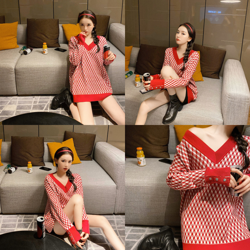VK旗艦店 韓國風復古寬鬆慵懶風針織V領長袖上衣