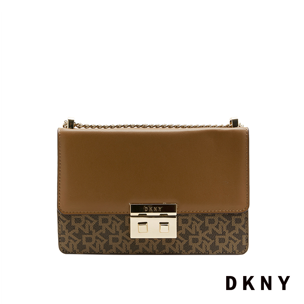 DKNY 女 斜背包 金屬鍊條 LOGO印花 咖啡