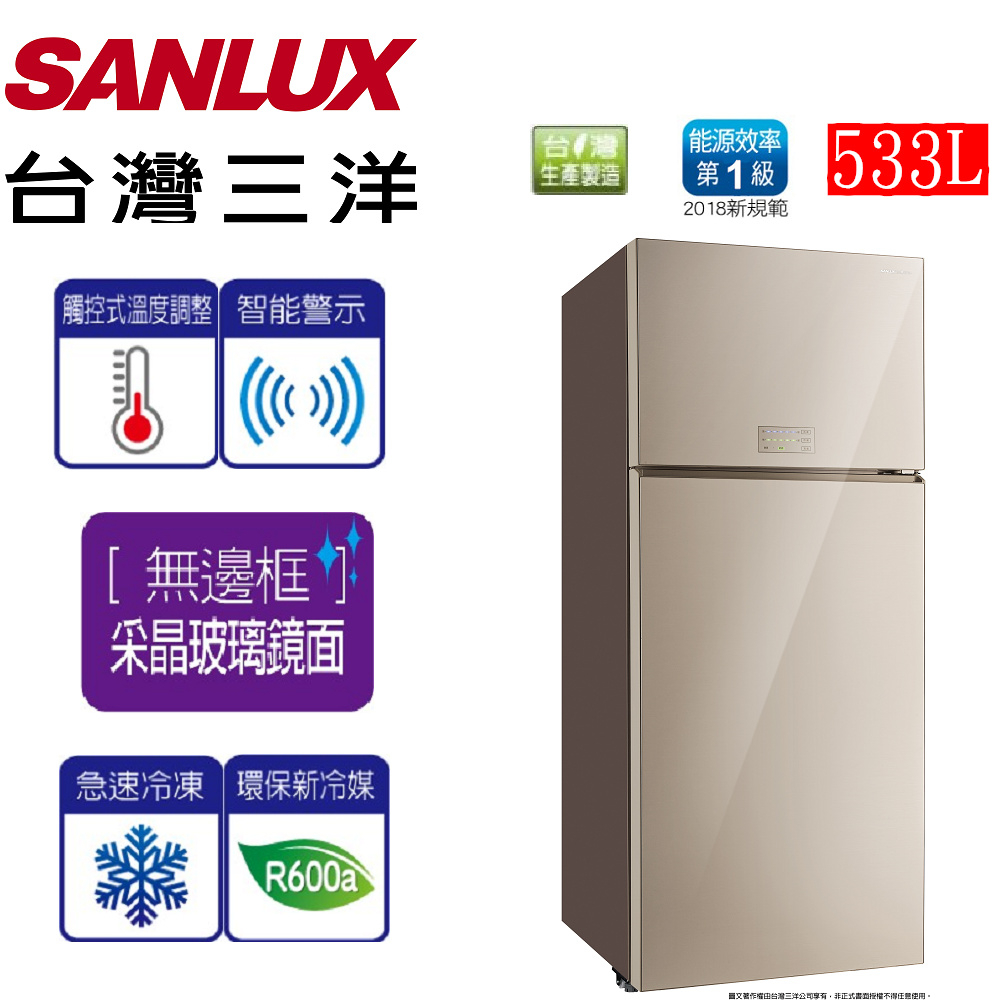 台灣三洋 SANLUX 一級能效 533L采晶玻璃鏡面 雙門變頻冰箱 SR-C533BVG